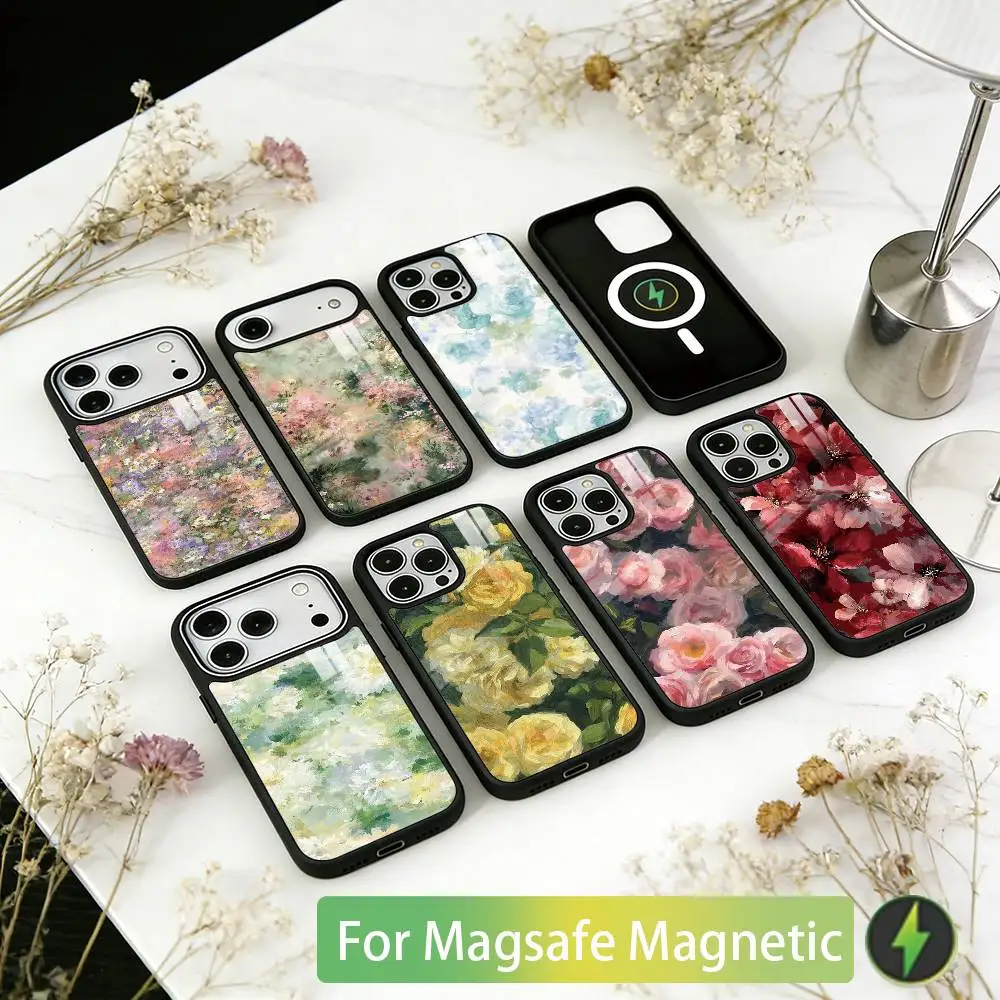 

Чехол для iPhone 17, 16, 15, 14, 13, 12, 11 Plus, Pro с магнитной беспроводной зарядкой Magsafe, серия «Цветы» (масляная живопись)