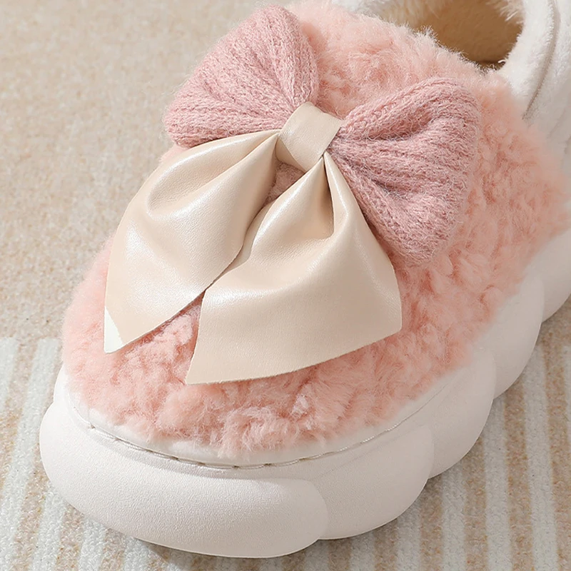 Winter Women Cute Bow Cotton Slippers Non Slip And Warm Soft Soled Home Slippers Multi Colored Home Bag Heel Plush Slippers