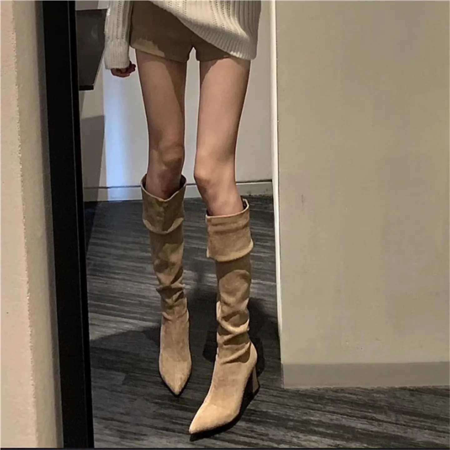 

New Women's Pointed Toe High Heel Long Boots Leg a Mid-Calf Boot Pleated Over-Knee High Boots Knight Boots Faionable ...