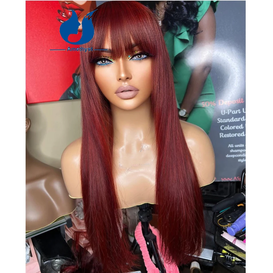 

Amethyst Long Silky Straight Reddish Brown Human Hair Wig With Bangs O Scalp Top Full Machine Wig Brazilian Remy Red Glueless