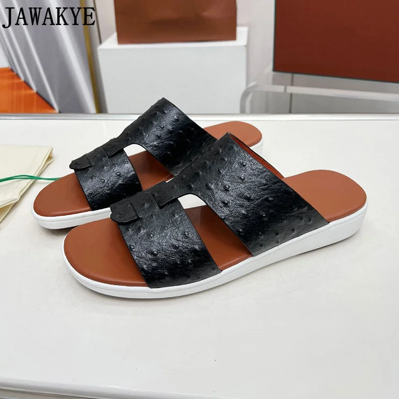 New Brand Flat Slippers Men Real Leather Flat Summer Walking Shoes Male Brown Platform Shoes Slide Runway Beach Slippers For Men