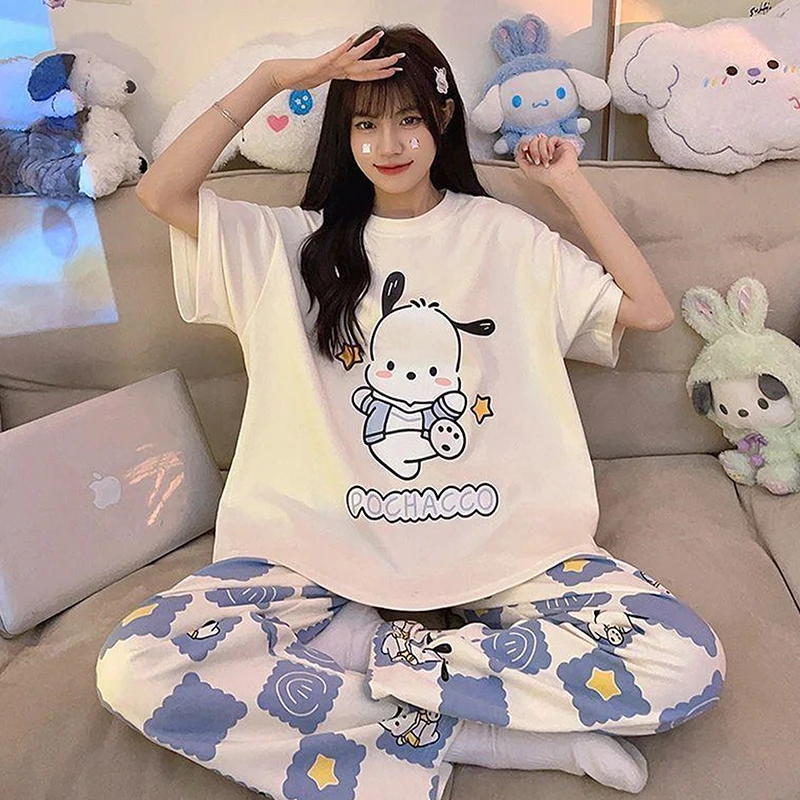 Sanrio Kawaii Pochacco Pajamas Set Stitch Cute Cartoon Student Soft Cotton Loungewear Home Wear Birthday Gift Girls Toys