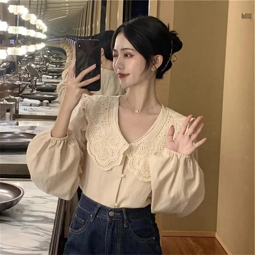 

Women Long-sleeved Top Chic Women's V-neck Lantern Sleeve Blouses Soft Casual Sweet Style for Spring Fall Commutes Lady Loose