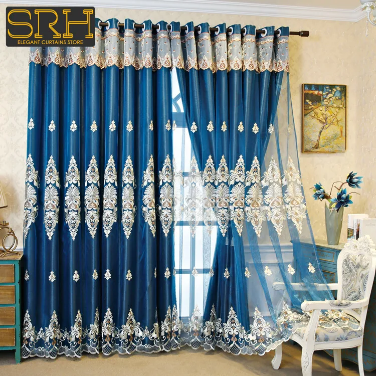 

Nordic Luxury Double-layer Gauze Integrated Curtains for Living Room Bedroom Embroidered Blue and Beige Blackout Fabric Custom