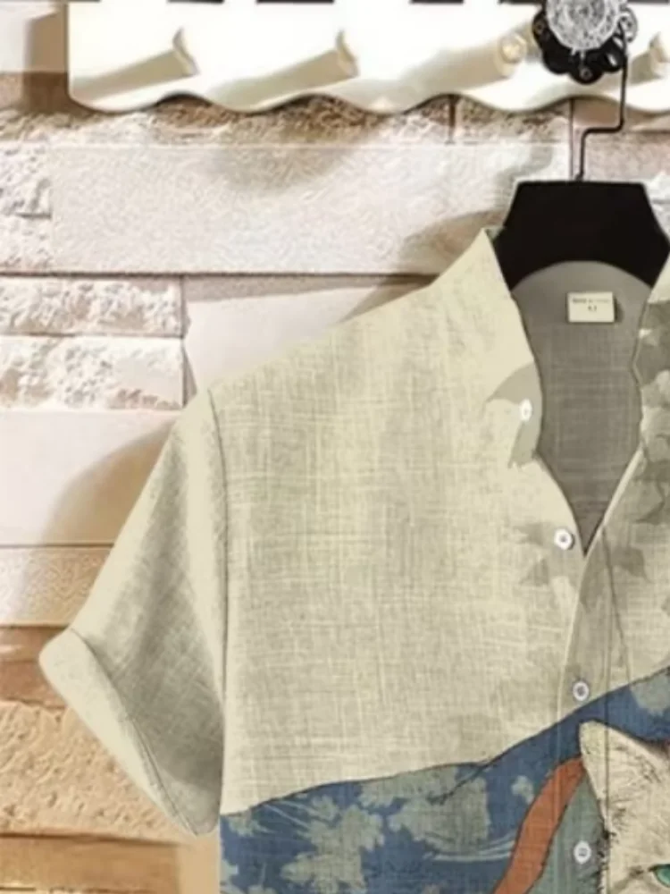 قميص بأكمام قصيرة مطبوع عليه قطة مستوحى من اليابانية قميص كلاسيكي غير رسمي بأزرار سفلية وياقة على شكل طية صدر السترة قمة عصرية للعطلات 2025 تونيك صيفي أنيق