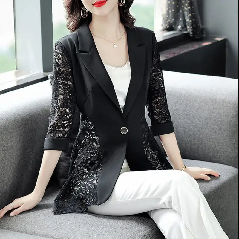 Blazer Panjang Polos Musim Semi Musim Panas Tipis Patchwork Berongga Kancing Renda V-neck Kantor Wanita Formal Kasual Fashion Pakaian Wanita