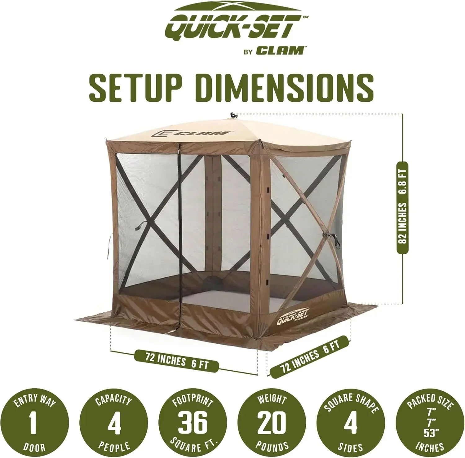 Quick-Set Pop Up Screen Tent, Traveler, 6 x 6 ft, Instant Setup Brown Portable Outdoor Shelter, Compact Bug-Free Canopy Tent for