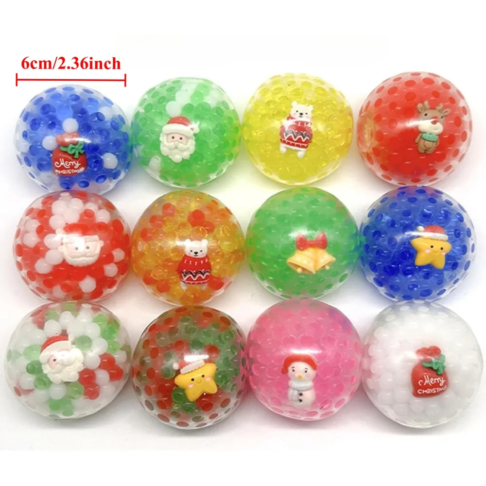 1-12PCS Christmas Stress Balls Squeeze Fidget Toys with Water Beads Santa Cluse Snowman Elk Stress Relief Toys for Party Favors