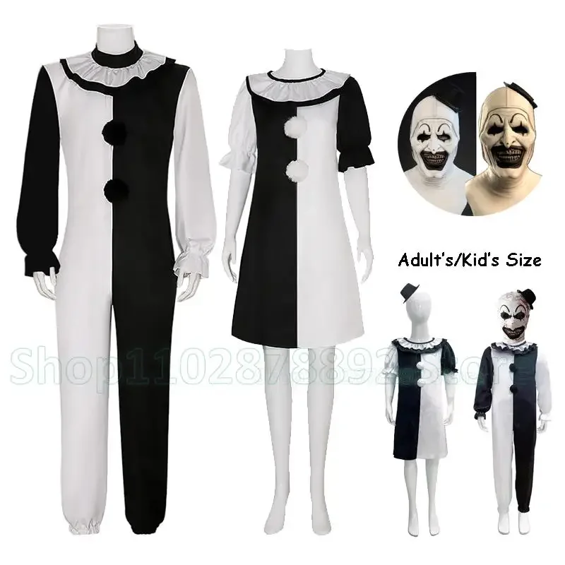 Ensemble de olympiques de cosplay de clown pour adultes et enfants, tenues de couple, combinaison noire et blanche, masque de clown d'art, costume de batterie, robe de fête d'Halloween