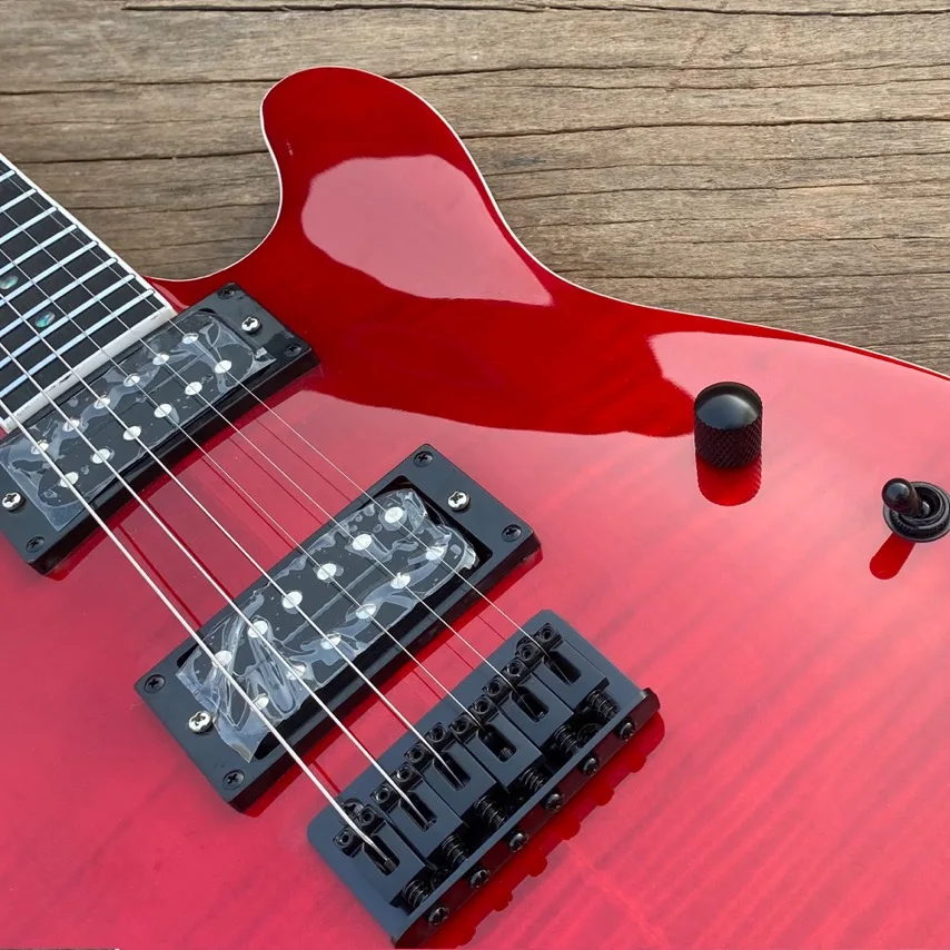 Electric Guitar Set in Neck Red Flame Maple Top Stainless Steel Frets Black Hardware Abalone Dots Inlays Guitarra гитара
