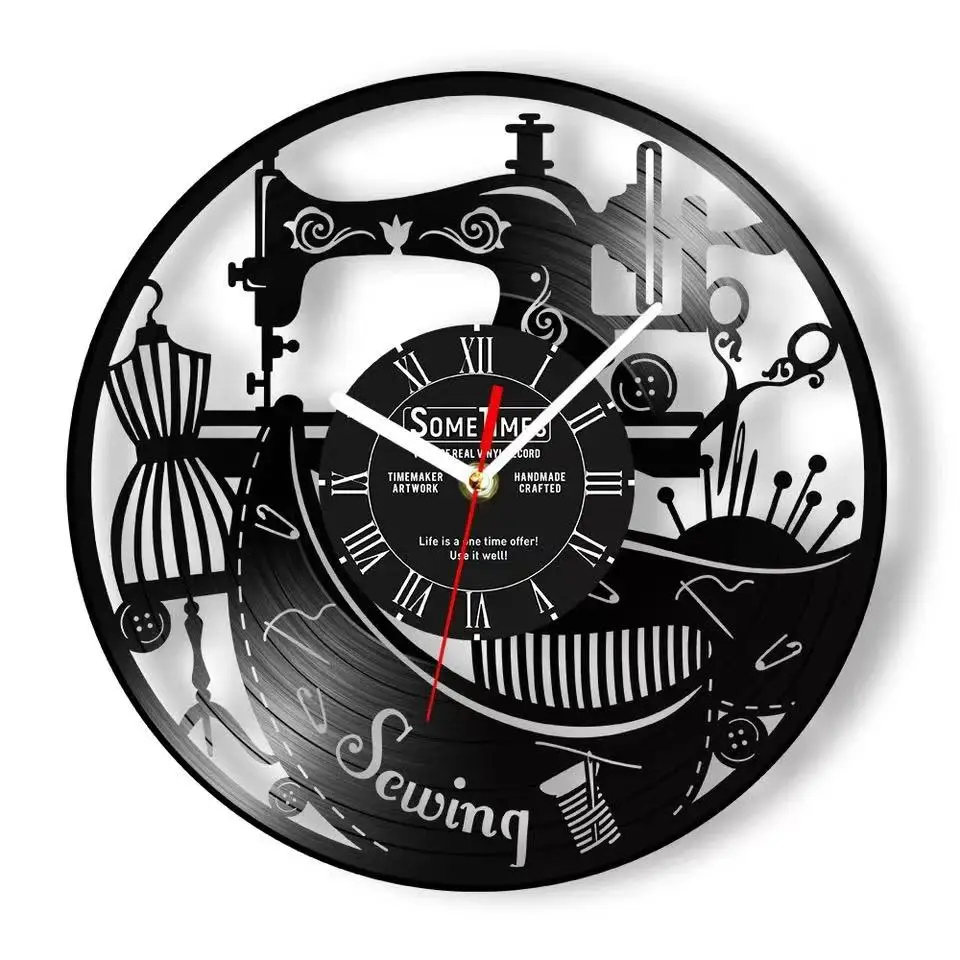 Sewing Machine Customization Vinyl Record Wall Clock Quilting Room Decoration Logo Personalized Tailor Name Clock Tailor Gift