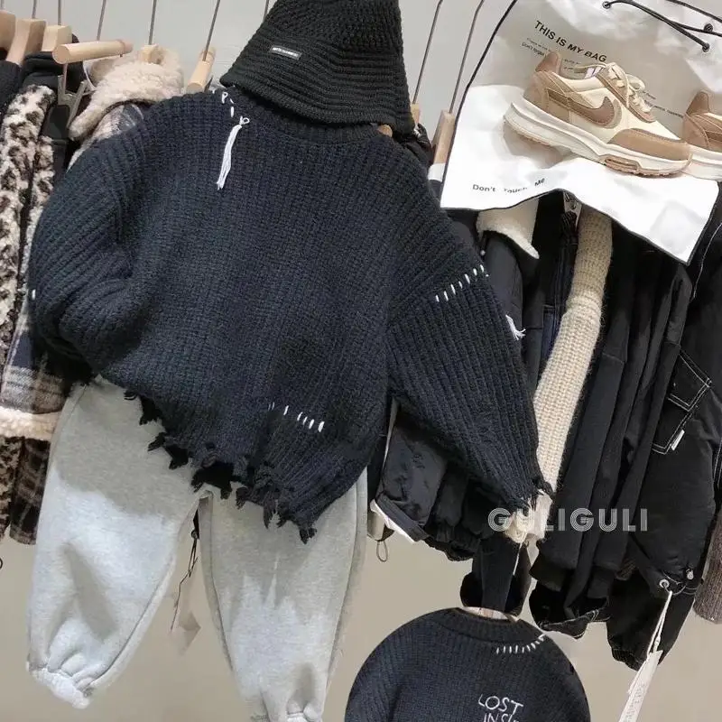 Children Clothing Boys Sweater Autumn and Winter Fashion Design Sense Fashionable Korean Style Black Casual Simple Sweater