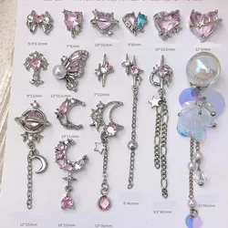 5pcs Pink Zircon Love Nail Art Charm 3D Alloy Star Moon Bow Metal Silver Nails Decorations DIY Simple Style Manicure Accessories
