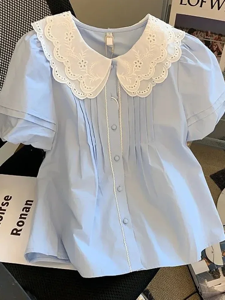 

Zoki милая повседневная синяя рубашка женская милая корейская блузка с воротником Питера Пэна летняя женская винтажная тонкая универсальная блузка с пышными рукавами