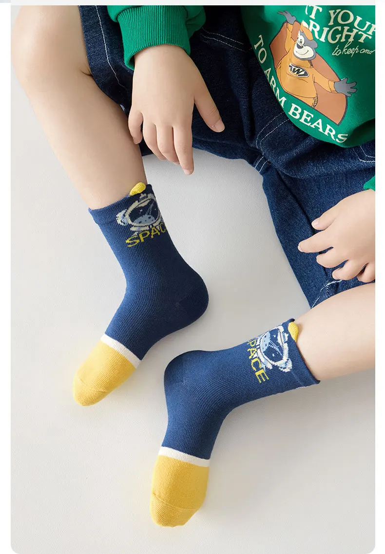 Baumwollsocken, 5 Paar, Socken für Jungen mit Cartoon-Astronauten-Motiv, Kinder-Wadensocken für Frühling und Herbst, Baby-Mädchen-Socken – Detail 9