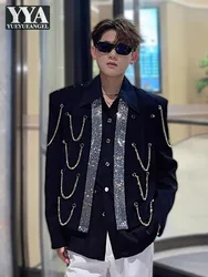Fashion Men Metal Chain Shiny Diamonds Stage Show Jacket Short Style Loose Fit Party Coat Spring New Designer Rivet Beads Jacket