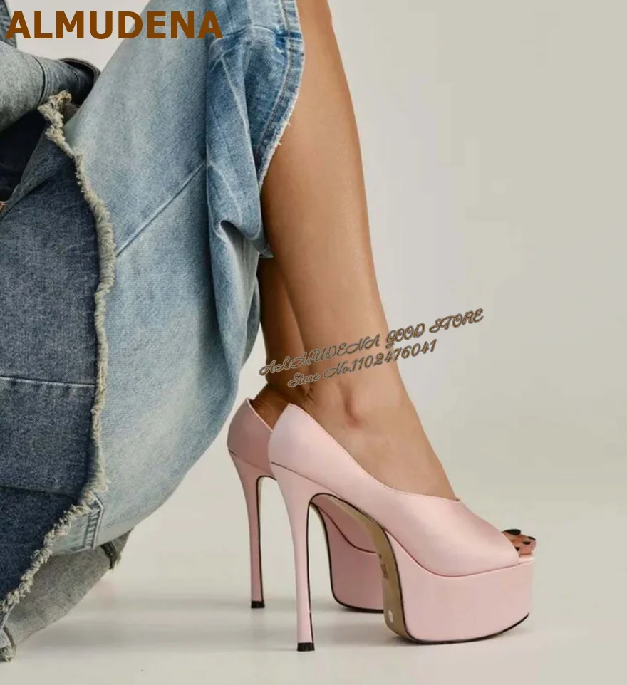 Elegant Pink Satin Peep Toe Platform Pumps Super High Stiletto Heels Banquet Wedding Party Dress Heels Slip-on Nightclub Heels