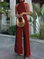 Women Elegant Half High Collar Solid 2 Pieces Suit Summer Sexy Backless Sleeveless Top And Wide Leg Pants Sets Ladies Outfits