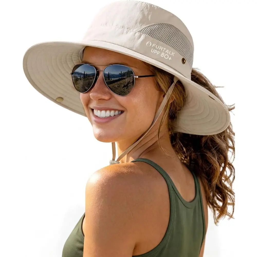 

Wide Brim Sun Hat with Ponytail Opening for Women - 80+ UV Protection for Beach and Hiking