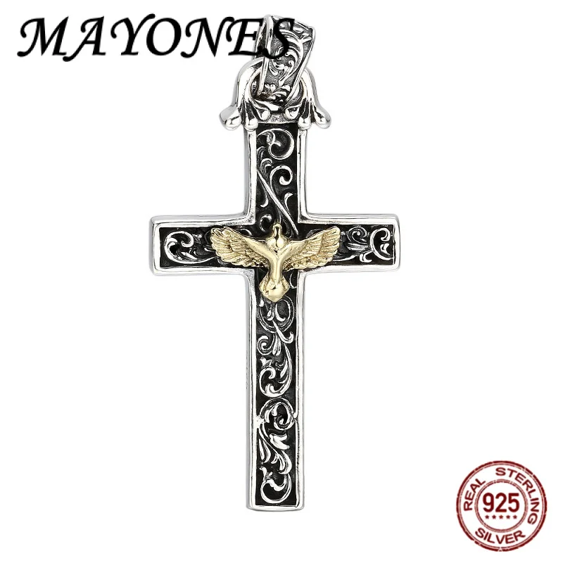

New S925 Pure Silver Retro Personalized Golden Eagle Tang Grass Pattern Cross Pendant