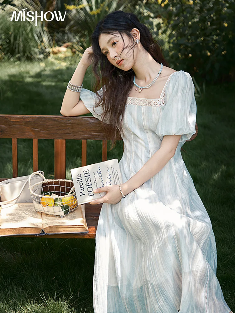 

MISHOW Women's Summer Dress 2025 New Fashion Striped Square Neck Spliced Lace Hollow Out Dress Waist Lace Up Dresses MXE39L2403