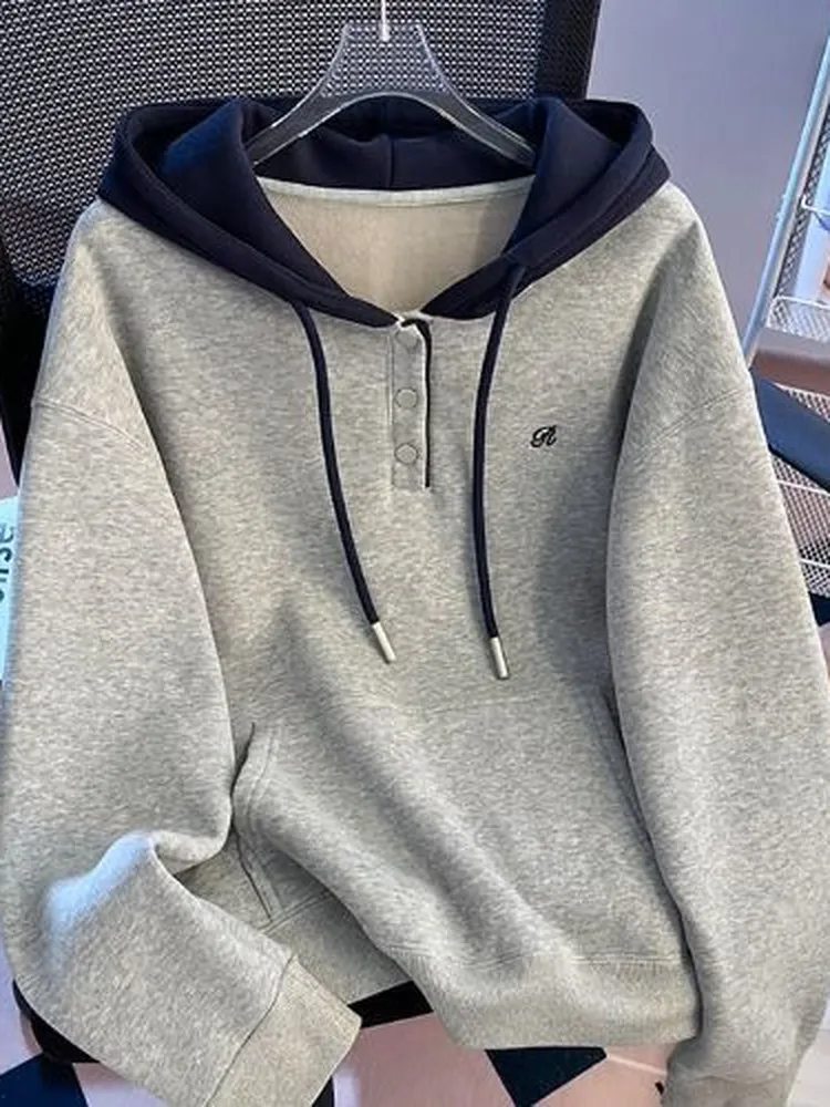 Fashionable Oversized Embroidered Color Block Hoodie Women's Warmth Thickened Sweatshirt Breathable Long Sleeve Korean Style