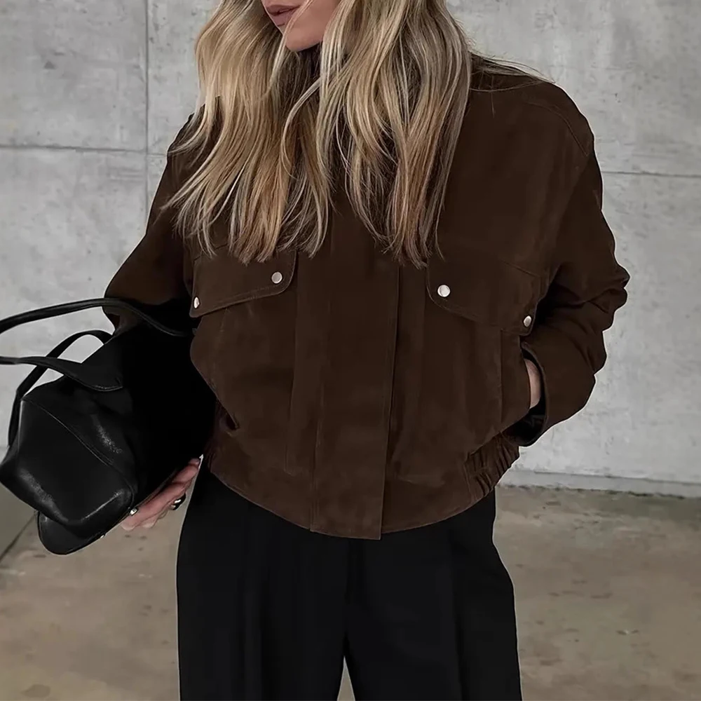 

Элегантная повседневная куртка на молнии, коричневая верхняя одежда, женское модное короткое пальто на молнии спереди, стильная уличная одежда