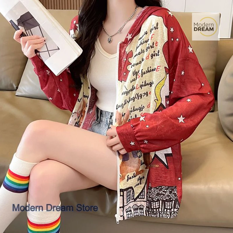

Summer sunscreen sweater UV-proof ice silk coat women's summer new plus size loose fashion cardigan hoodie design printed top