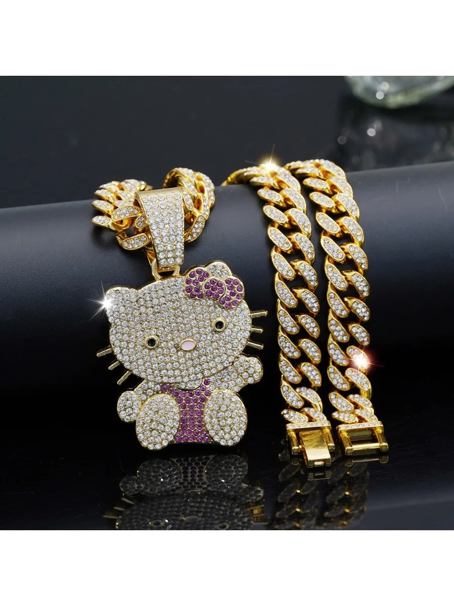 Fashion cute pink cat cartoon pendant single pendant male and female versatile diamond hip hop Cuban necklace