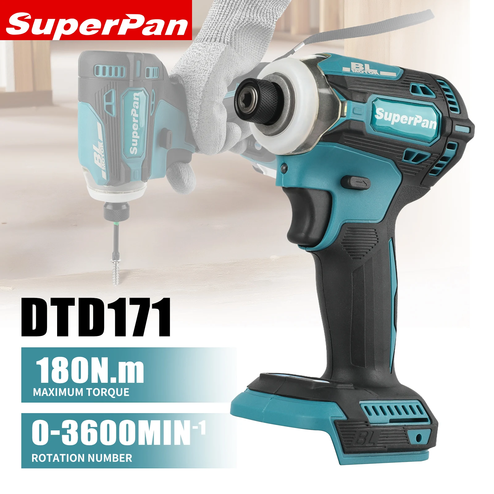 SuperPan SP171 Brushless Cordless Impact Driver - Rechargeable Power Screwdriver Tool  for DeWalt 18V battery specs