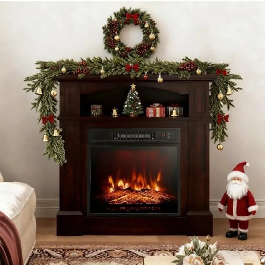 

32 Электрический камин с каминкой, коричневый, 1400 Вт, 3 эффекта пламени, пульт дистанционного управления, 6 часов, таймер, защита от перегрева, идеально подходит для гостиной