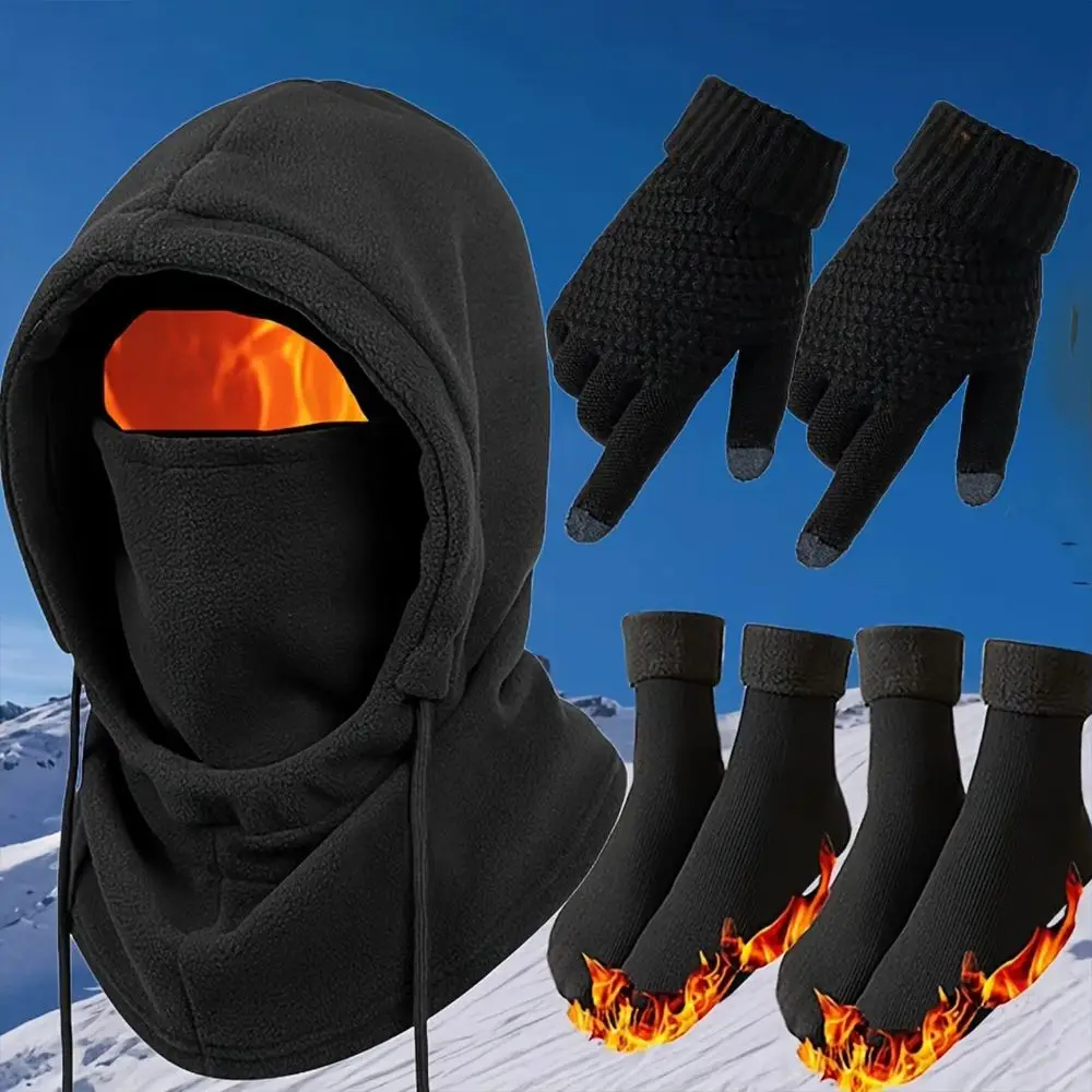 Windproof Winter Hat Gloves Socks Set Thickened Head Cover Outdoors Cycling Cap Warm Face Protection Integrated Face Warm Hat