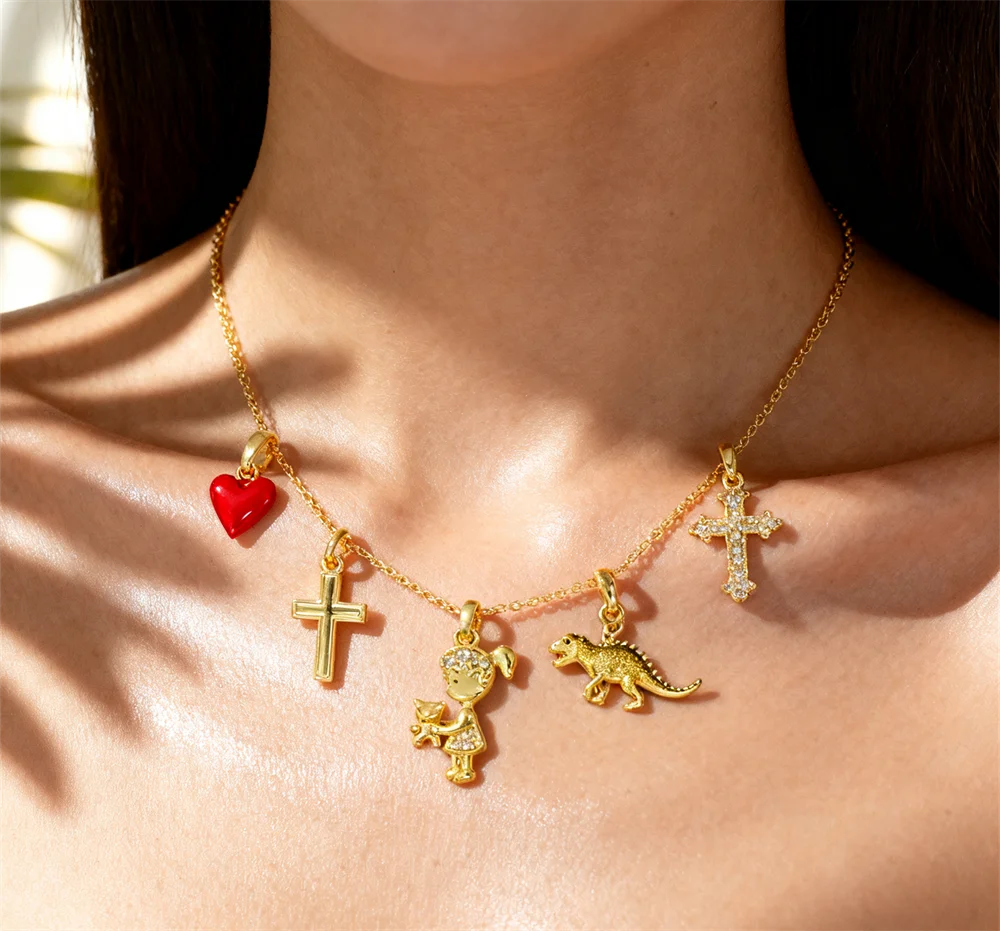 

2Pcs Sparkling Pendants Brass Cubic Zirconia Enamel Girl Heart Dinosaur Cross Charms DIY Jewelry for Necklace Bracelet Making