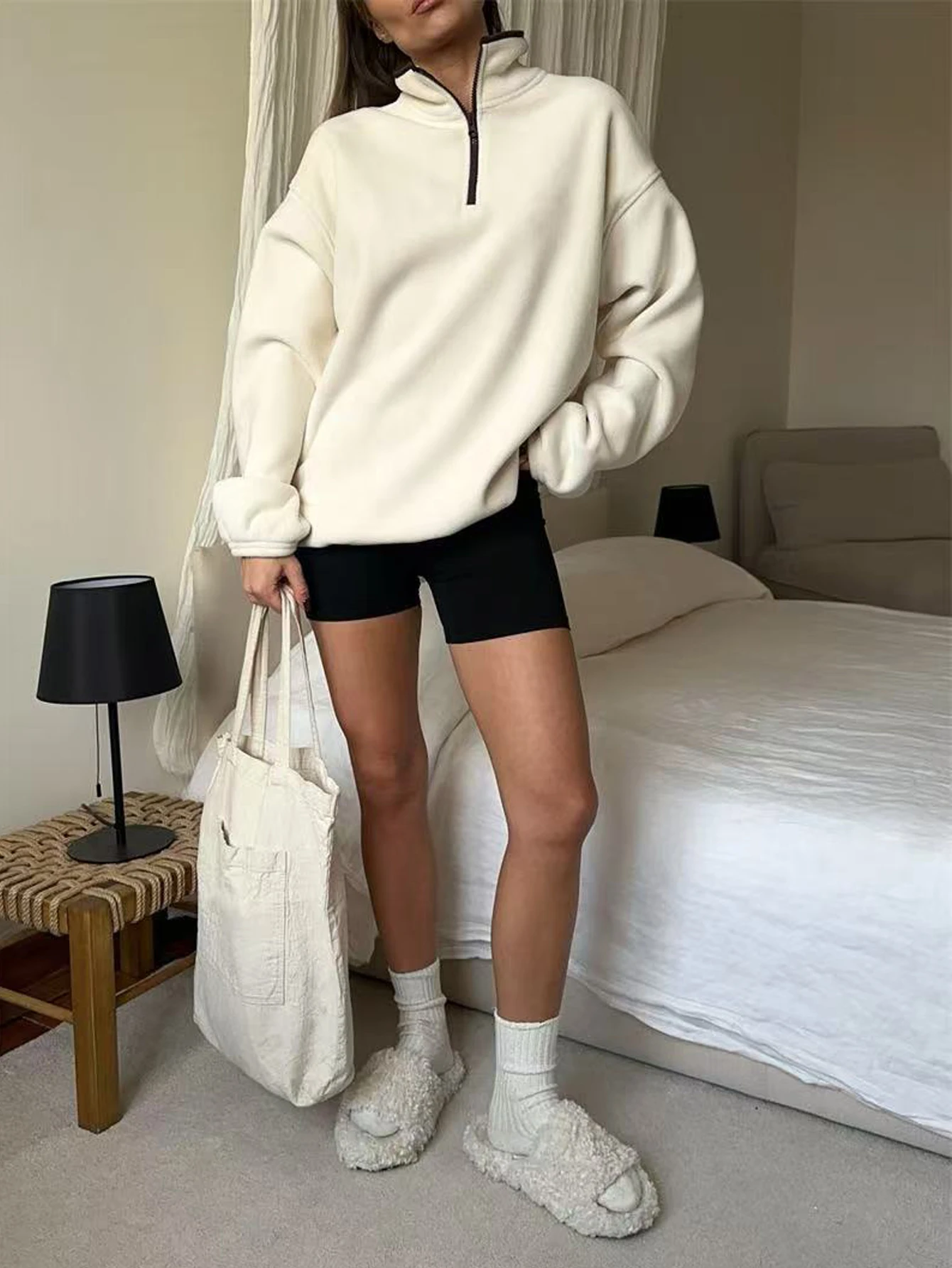 سويت شيرت نسائي من الصوف بلون سادة وكتف منسدل وسحاب نصف زر وأكمام طويلة، أزياء خريف وشتاء، ملابس كاجوال