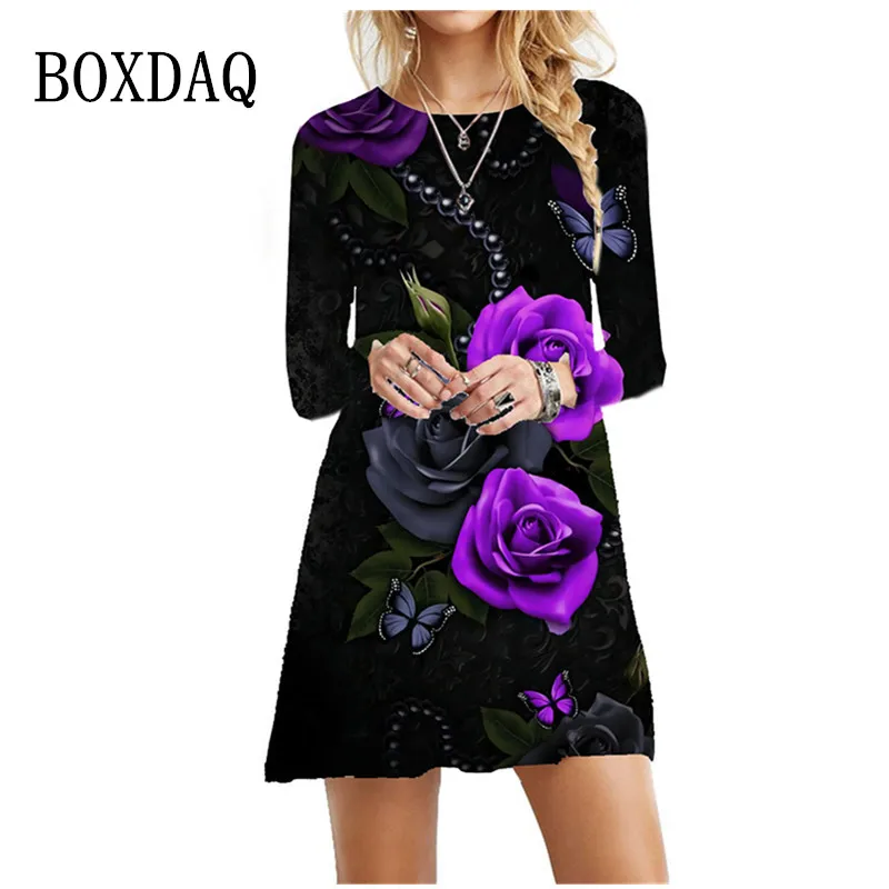 Lila Rose Blumen kleid Frauen Schmetterling drucken lose übergroße Kleid Herbst Winter Langarm lässig Party Mini kleid Vestidos