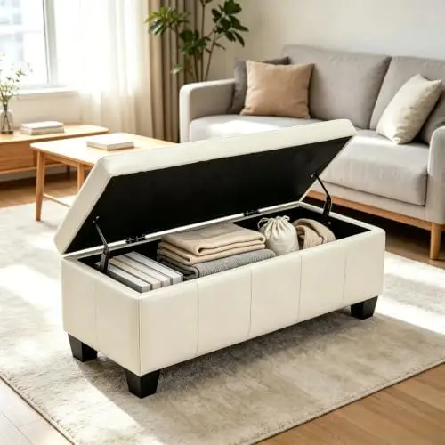 41.5 Inch Cream White Faux Leather Storage Ottoman Bench for Bedroom | 2.8 cu ft hidden storage,660 lbs weight