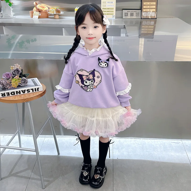 Girl Popular Macaron Hooded Sweatshirt With Convex Skirt Set 2024 Autumn New Children'S Kuromi Kt Melody Fashionable Pretty Top