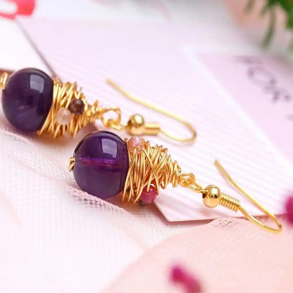 

10MM Natural Amethyst Tourmaline Beads Earrings 18k Hook eardrop Women Christmas Gift Freshwater Classic