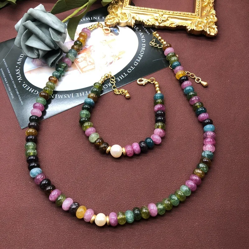 

Retro Color Tourmaline Abacus Bead Necklace Bracelet Set Medieval Versatile Temperament Jewelry Accessories