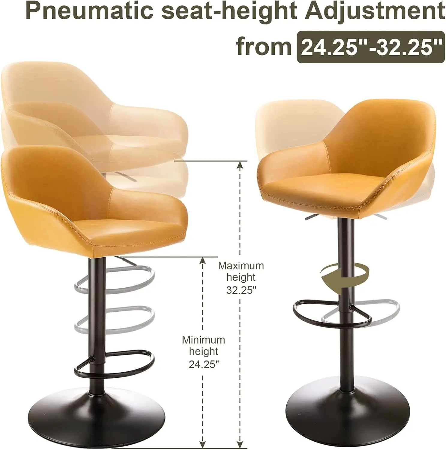 3 Piece Pub Table and Chairs Set, Square Rustic Bar Height Top Table and Adjustable Swive Yellow Bar Stools for Kitchen