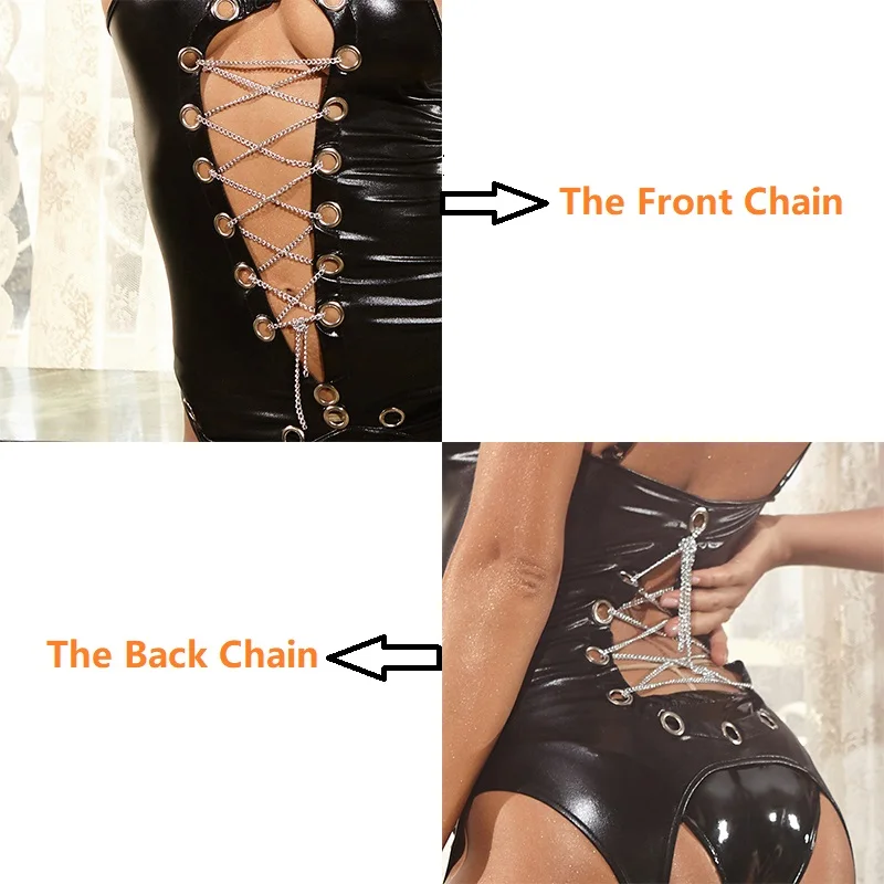 Faux Leather Bondage Chain Sexy Lingerie Sexi Women Thong Breast Exposing Spandex Catsuit Sex Erotic Underwear Ladies Bodysuit