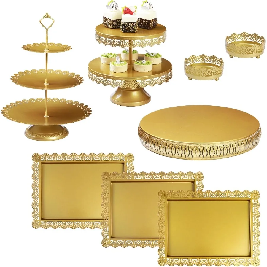 

8Pcs Gold Cake Stand Set with 15" Base for Large Cakes 2Tier and 3Tier Dessert Stands Lace Edge Serving Trays Elegant Display f