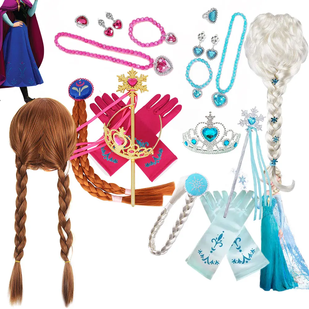 2024 dziewczęce materiały urodzinowe nakrycia głowy korona Anna warkocz peruka Kit dzieci księżniczka do odgrywania ról Purim sukienka Cosplay
