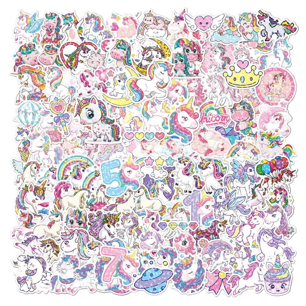 

10/30/50/118pcs Holographic Laser Unicorn Cartoon Stickers Aesthetic Decals DIY Phone Case Diary PVC Cute Sticker for Kids Girls