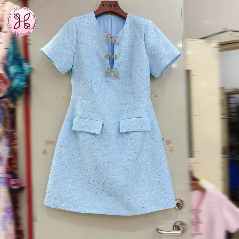 Luxury French Tweed Dress - Summer Cut-Out Waist Short Sleeve (Women's Elegant Chanel-Inspired Party Wear)