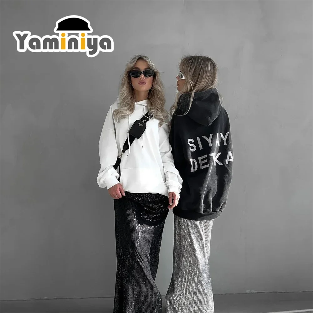 Vita outono feminino hoodies jaqueta bomber solta branco com capuz estilo casual preguiçoso impressão com o topo branco longo 2024 novo