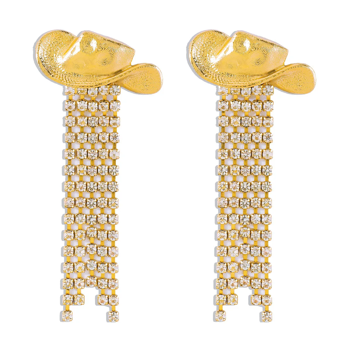 Western cowboy-style fringe hat earrings, high-end designer-inspired personality crystal long drop earrings