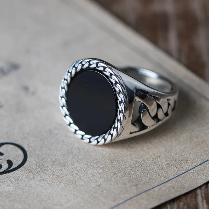 

925 Silver Twists Ring Cool Men Natural Black Agate Rings 18MM Button Ring Stamp Hollow Twisted Jewelry Fashion Guys Dress Ring