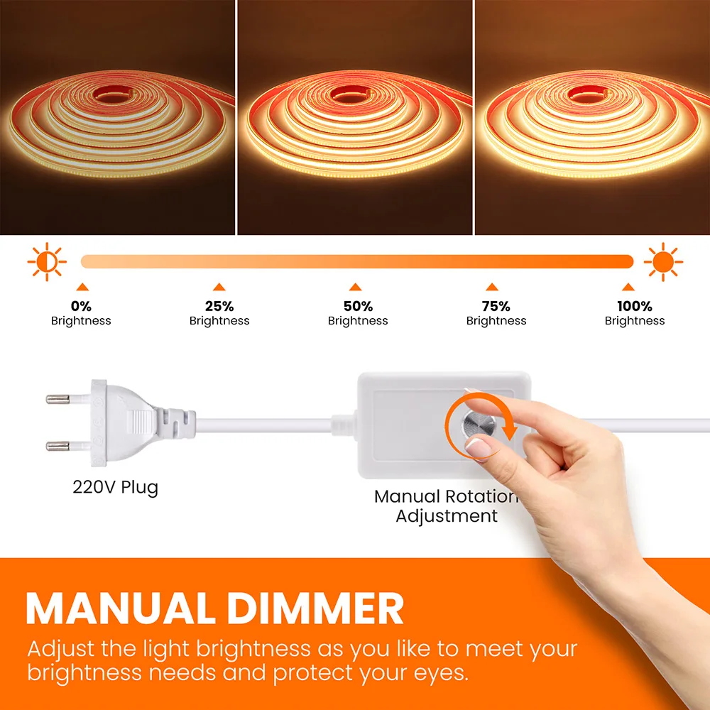 220V Dimmable COB LED Strip Light Flexible Tape with Dimmer Switch Power Kit 288 LEDs High Density Linear Lighting Waterproof