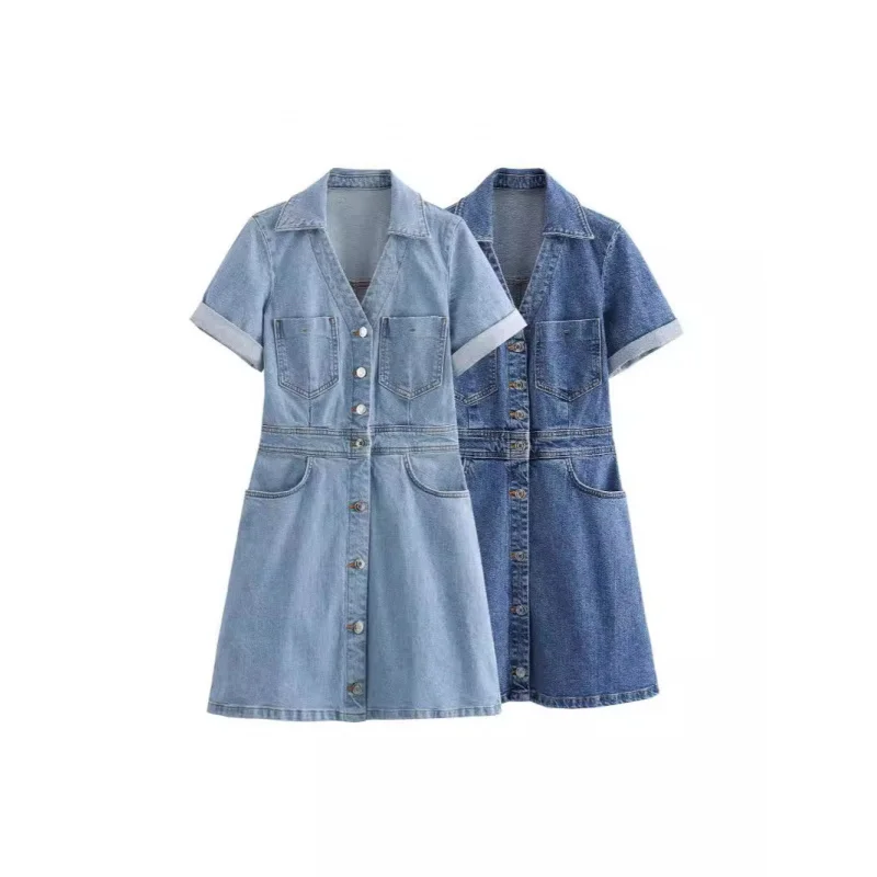 

2025 Summer Decorated Row Button Retro Denim Mini Women's Clothing Fashion Polo Collar Dress D001